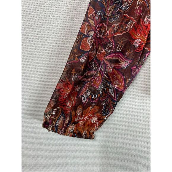 LOFT Metallic Floral Blouse Brown Red Sheer Boho Fall Top Long Sleeve Lined L - Picture 9 of 16